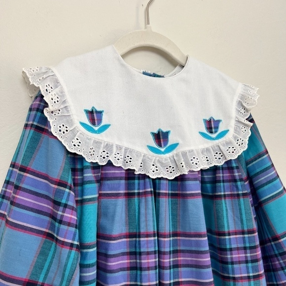 Vintage Kids Classics Girls Plaid Embroidered Collar Prairie Cottagecore Dress 6 - Picture 2 of 12